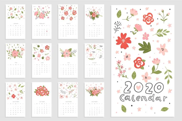 Kalendarz 2020 Słodki Twórczy Kalendarz Ręcznie Rysowane Wiosenne Kwiaty Doniczkach — Wektor stockowy