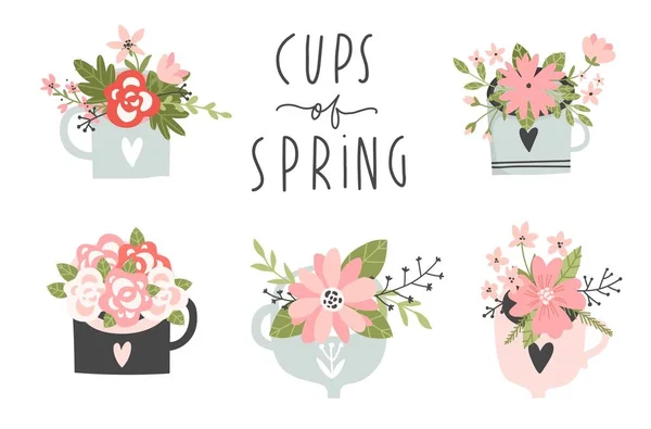 Conjunto Primavera Elementos Dibujados Mano Letras Flores Coronas Otros Perfecto — Archivo Imágenes Vectoriales