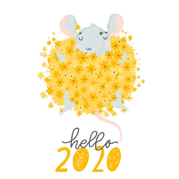 Carte Vœux Nouvel Chinois 2020 Avec Joli Rat Dessiné Main — Image vectorielle
