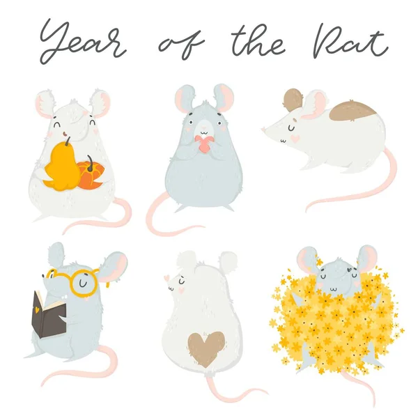 2020年中国新年贺卡与可爱的手绘老鼠和字母隔离在白色 矢量图解 度假横幅 装饰元素的概念 — 图库矢量图片