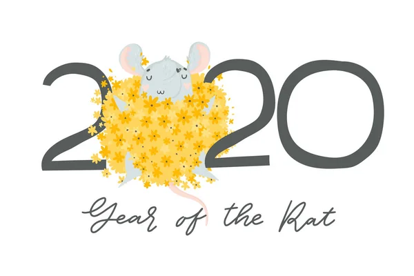 2020年中国新年贺卡与可爱的手绘老鼠和字母隔离在白色 矢量图解 度假横幅 装饰元素的概念 — 图库矢量图片
