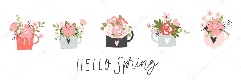 Hello Spring hand sketched logotype, badge typography icon. Retro background with spring flowers and lattering. Spring season with leaf for greeting card, invitation template.