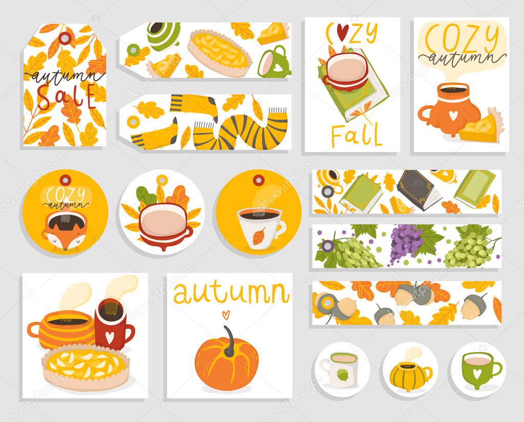 Autumn set of gift tags, cards and stickers with cute illustrations, fun elements, hand drawn lettering. Fall collection with cozy elements, cups, pumpkins, leaves, animals etc. Vector collection