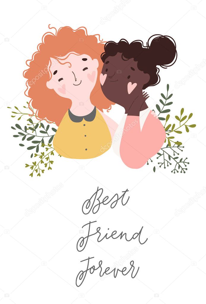 Two best friends girls laughing and hug. Vector illustration about friendship isolated on white. Happy Friendship day card Vector. 