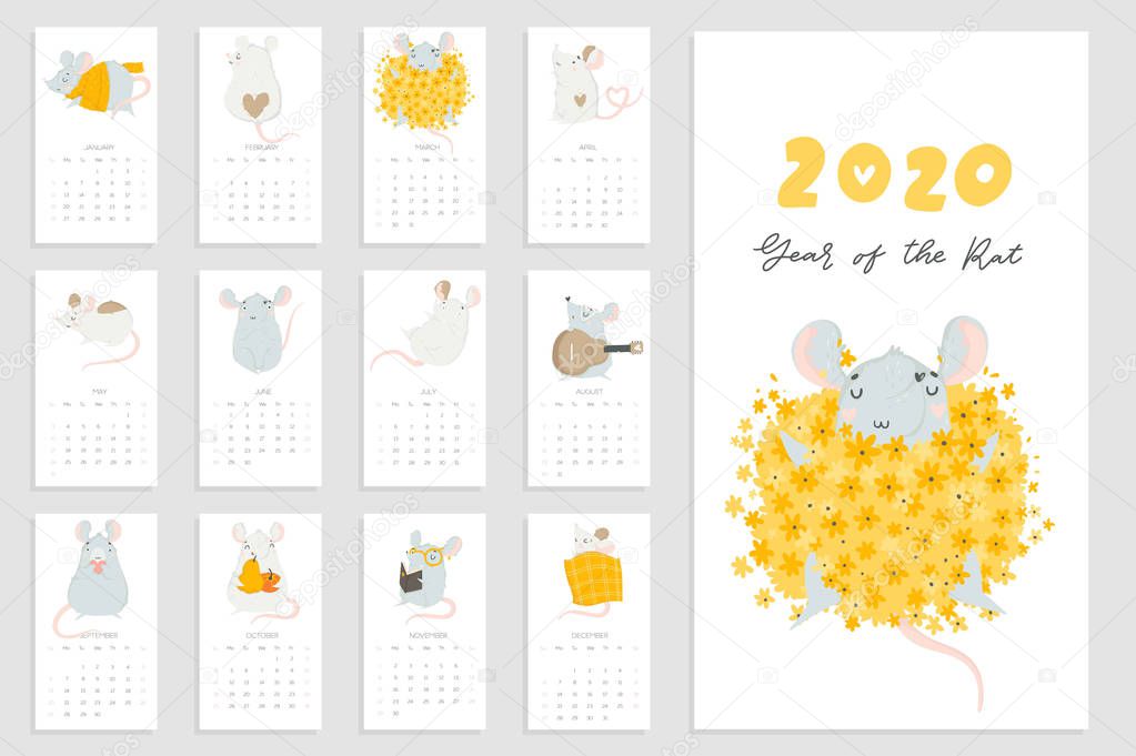 Monthly creative calendar 2020 cute hand drawn rat. Concept, vector vertical editable template. Symbol of the year in the Chinese calendar. Cartoon. Isolated. Vector illustration.