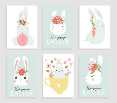 Renkli Mutlu Paskalyalar seti ve tebrik kartları. Tavşan, tavşan, harf, çiçekler, kuşlar ve afişler