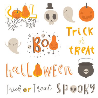 Cadılar Bayramı harfleri ve çizimler ayarlayın. Ürkütücü sloganlar, balkabakları, kafatasları. Parti davetiyeleri, kart, posterler için mükemmel 