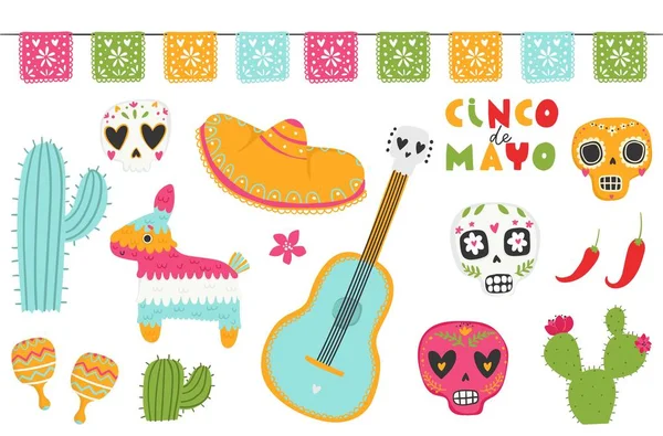Cinco de Mayo vektör seti. İzole elementler: sombrerolar, pinatalar, bir gitar, kaktüs çiçekleri ve dekorasyon 