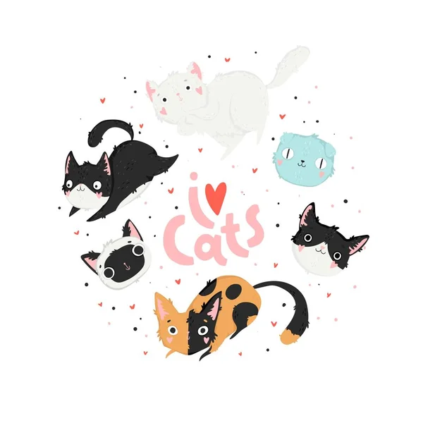 Miluji Kočky Ručně Kreslené Pozadí Kočkami Nápisy Izolovaná Vektorová Ilustrace — Stockový vektor