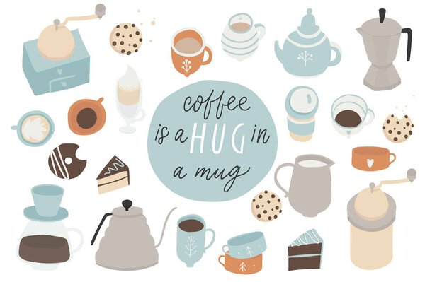 Coffee time set. Collection of cute scandinavian kitchen interior decor signs, icons and symbols for coffee lovers. Vector illustration
