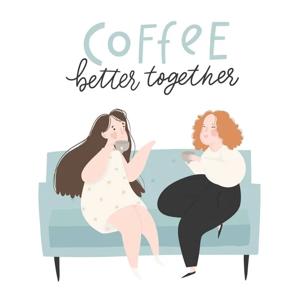 Ilustración Dibujos Animados Vectoriales Mujeres Hablando Sofá Con Taza Café — Vector de stock