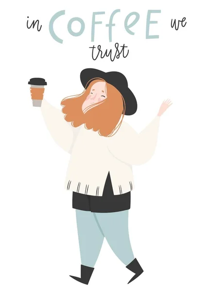 Ilustración Dibujos Animados Vectoriales Mujer Con Taza Café Para Llevar — Vector de stock