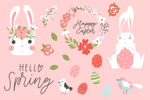 复活节快乐 可爱的兔子 花元素和字母 反转上的分离元素 矢量说明 — 图库矢量图片