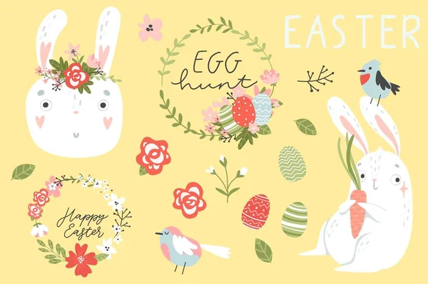 Frohe Ostern Kollektion Niedliche Hasen Eier Vögel Blumen Elemente Und — Stockvektor