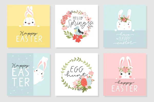 Farbenfrohes Osterset Mit Grußkarten Kaninchen Hase Schriftzüge Blumen Vögel Und — Stockvektor