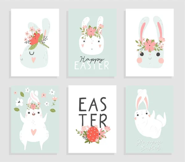 Colorful Happy Easter Set Greeting Cards Rabbit Bunny Lettering Flowers — Stock Vector