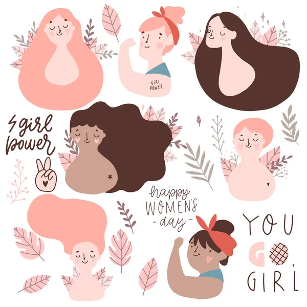 Hari Wanita Internasional Ditetapkan Wanita Cantik Yang Berbeda Dengan Rambut - Stok Vektor