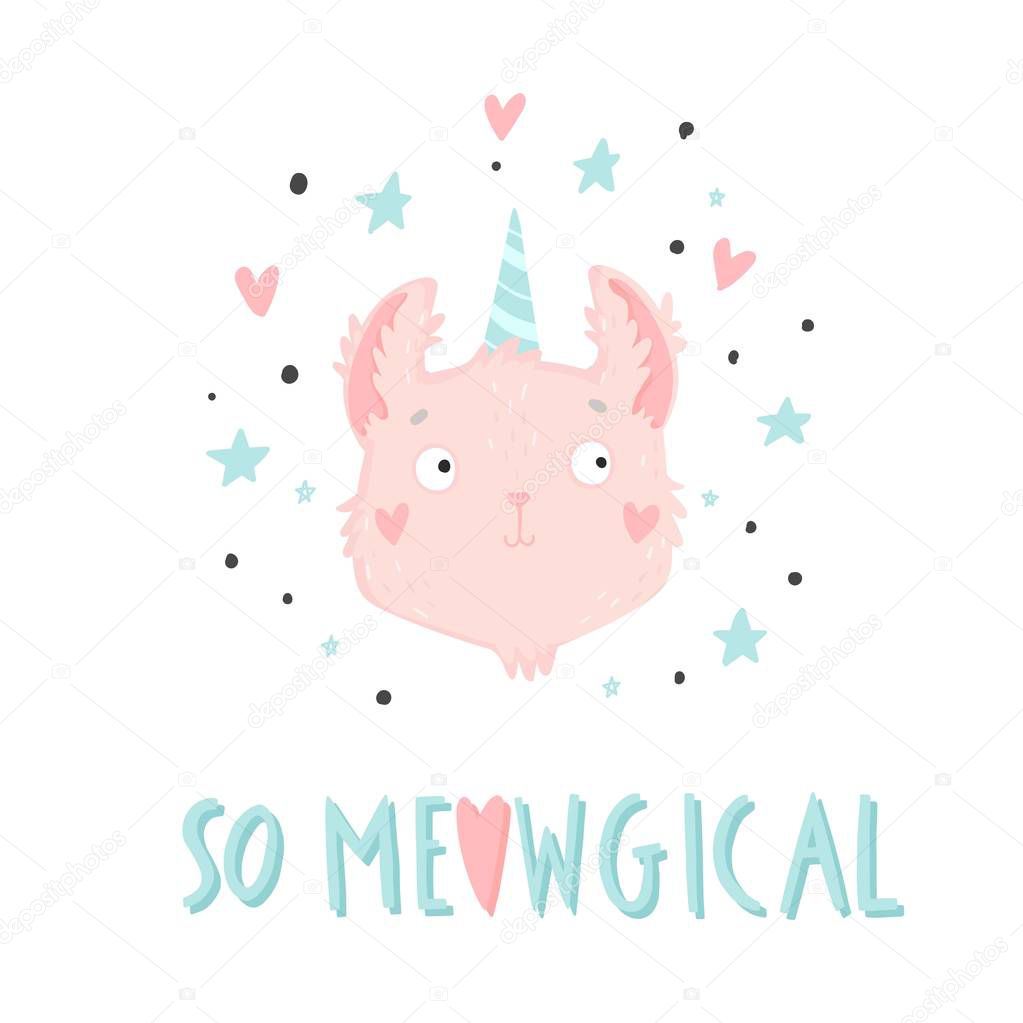 So meowgical. Hand drawn background with cat and lettering. Isolated vector illustration