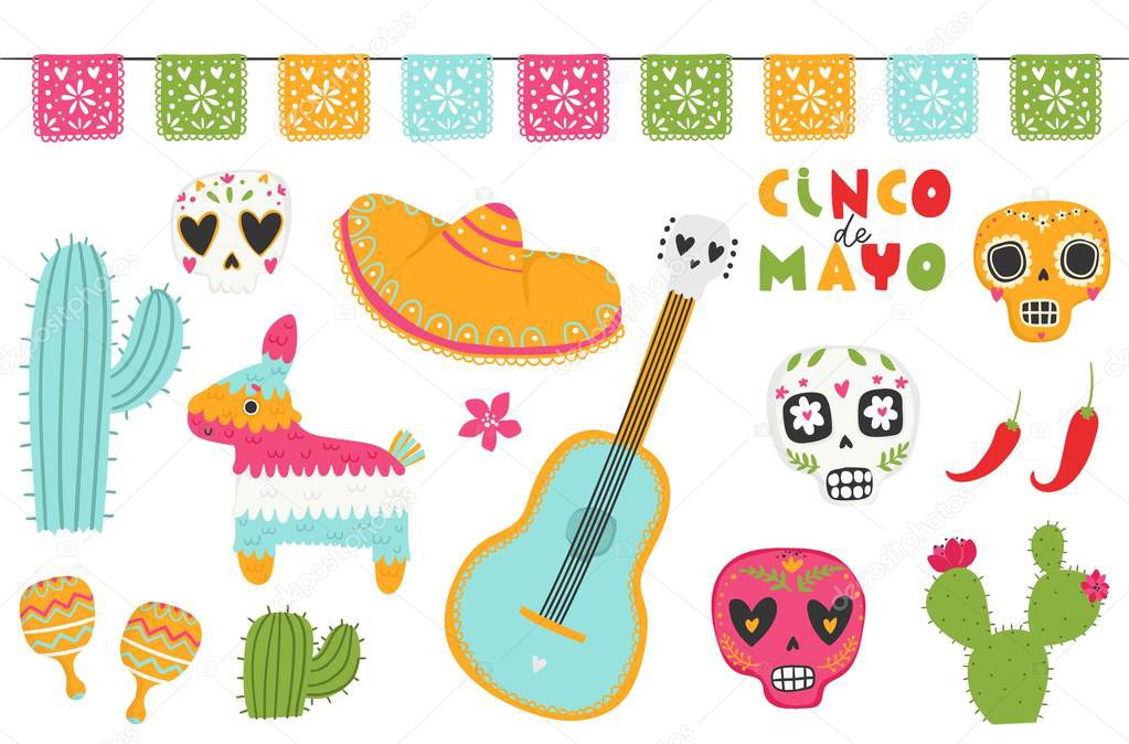 Cinco de Mayo vector set. Isolated elements: sombreros, pinatas, a guitar, cactus flowers and decoration 