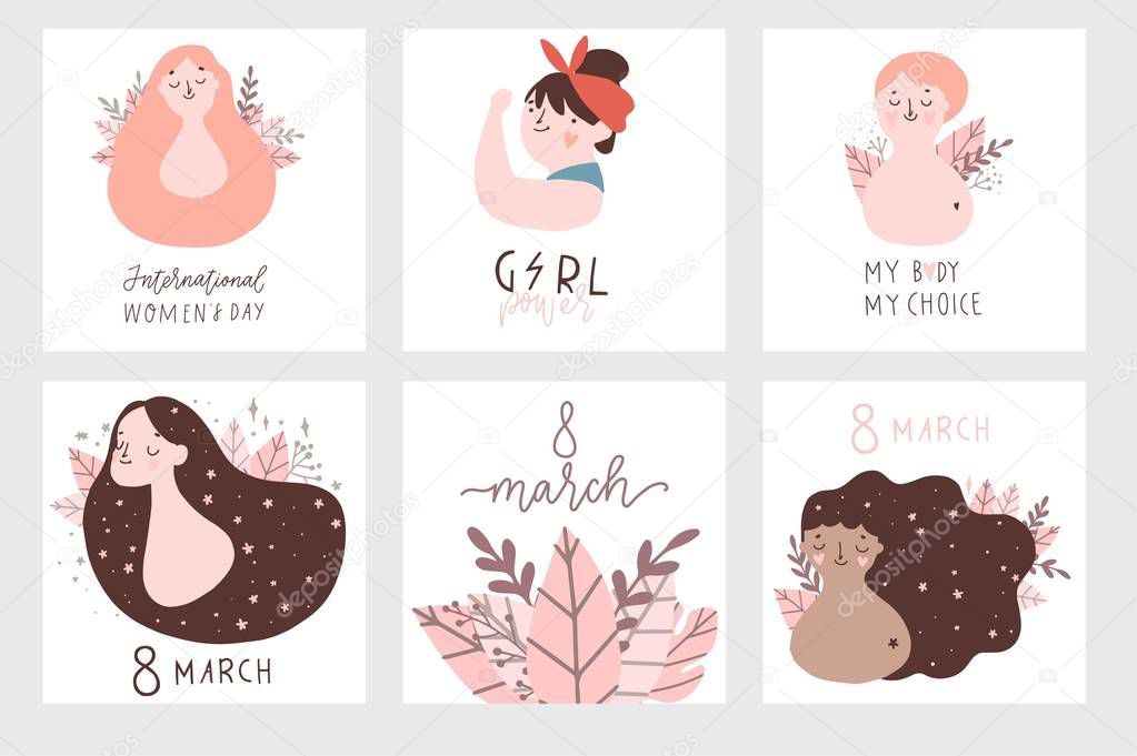 International Women's Day cards set. Vector template with illustration of beautiful women and Girl power lettering. Perfect for cards, posters, flyer and other uses. Vector illustration