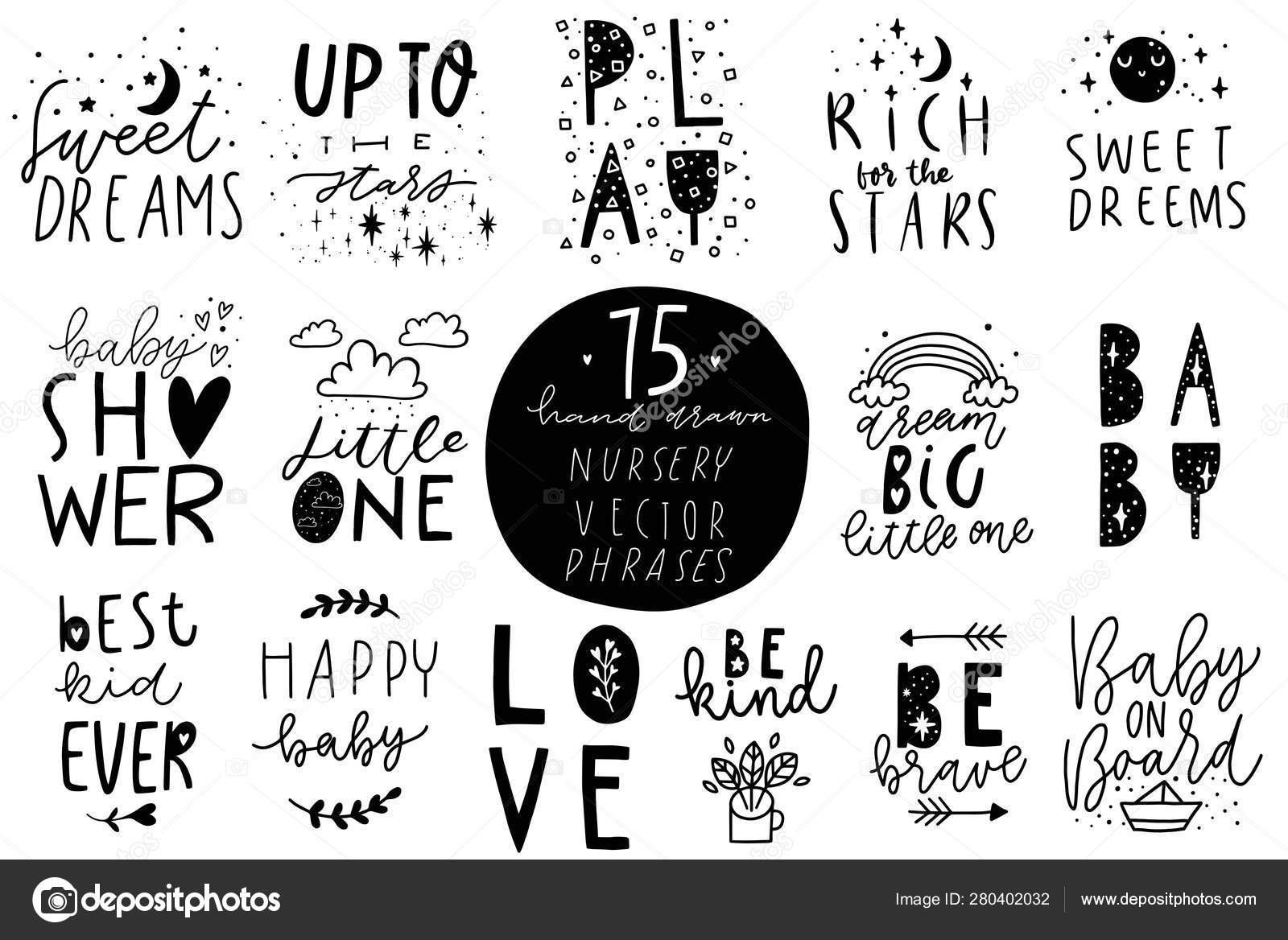Cute Black And White Quotes Stylish Children Phrases Hand Drawn Lettering Cute Details Texture Set  Stock Vector Image By ©Cute_Vector #280402032