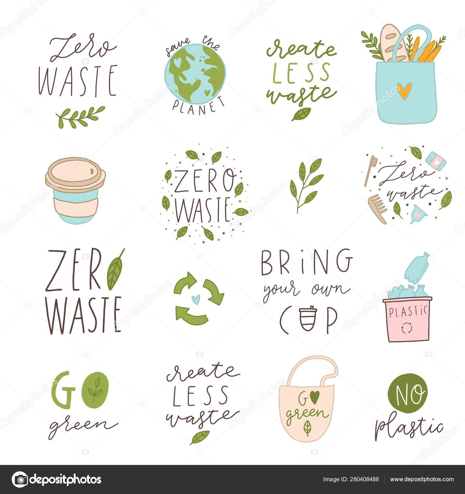Elementos Dibujados Mano Cero Desperdicio Vida Vector Nada Plástico