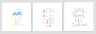 Vektör kreş kartları veya bebek duş davetiye seti. Doodle tarzında basit sevimli illüstrasyon ile Çocuk poster alıntı. Vektör çizimi