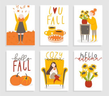 Kızlar ve sonbahar elemanları ile 6 sevimli hazır hediye sevimli kartpostal seti. Sonbahar kartı vektör yazdırılabilir koleksiyonu, davetiye, parlak renkler şablon tasarım poster 