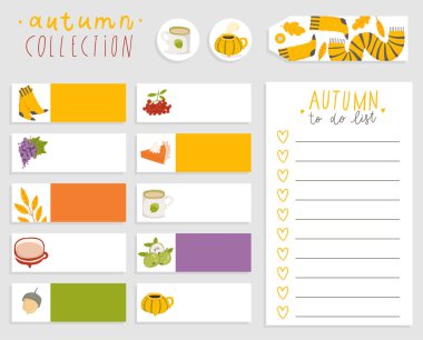 Şirin Sonbahar Yapılacaklar Listesi Şablonu. Not Kağıt ve Çıkartmalar Vektör Sonbahar Çizimler ilerler. Çocuklar için iyi. Eğlenceli arka plan. Notlar için yer ile Düzenleyici ve Zamanlama. 