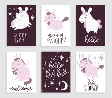 Sevimli pegasus ve yazı ile kreş kartları yazdırılabilir koleksiyonu. Bebek duş posterleri. vektör çizimleri