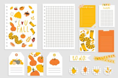 Sevimli Sonbahar Notebook tasarımı. Günlük Planlayıcı Şablonu. Notlar ve Yapılacaklar Listesi ile Düzenleyici ve Zamanlama. Vektör. Izole. Trendy Sonbahar Konsepti. 