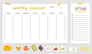 Sonbahar ruh hali ile haftalık planlayıcısı şablon kavramı. Yalıtılmış düzenleyici ve notlar ve yapılacaklar listesi ile zamanlama. 