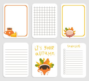 2019 Için Sevimli Günlük Planlayıcı Şablonu. Vektör Komik Çizimler ile Not Kağıt Seti. Çocuklar için iyi. Sonbahar Sezon Tatil Arka Planlar. Notlar için yer ile Düzenleyici ve Zamanlama 
