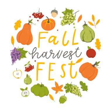 Yaprakları, kabakları ve harfleri ile Sonbahar kartı şablonu. Parlak sonbahar elementleri. Poster, kart, etiket, afiş tasarımı. Parlak karikatür sonbahar arka plan.