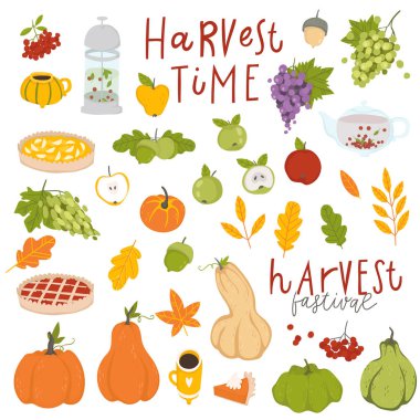 Sonbahar çıkartma koleksiyonu. Sevimli sonbahar karikatür elemanı ayarlayın. Sonbahar sezonu. Parti, hasat festivali veya Şükran Günü için defter öğelerinin toplanması.