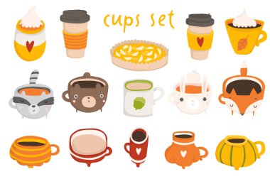 Cute autumn set with illustrations of mugs with hot cocoa, coffee, milk, pumpkin latte on white background. Perfect for greeting cards, party invitations, posters, stickers, pin, scrapbooking, icons clipart