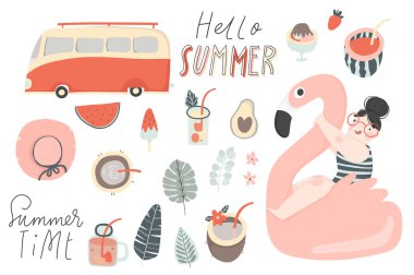 Yaz seti - el çizilmiş elemanları - tropikal bitkiler, meyve, yazı, insanlar. Vektör çizimleri