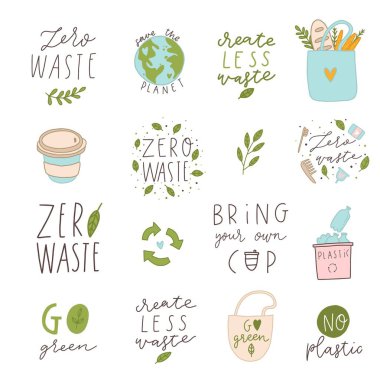 Vektörde sıfır atık yaşam elle çizilmiş elemanları. Plastik yok. Yeşile git 