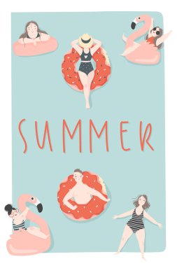 Üst görünüm plaj arka plan. Yaz suyu aktiviteleri, küçük insanlarla sahne. eğlenceli illüstrasyon. Vektör afiş, poster tasarımı