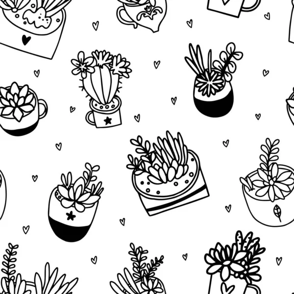Leuke Naadloze Patroon Met Vetplanten Cactus Herhalende Hand Getekende Achtergrond — Stockvector