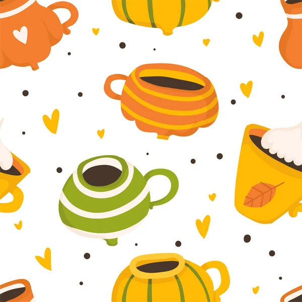 Ручной Рисунок Осень Бесшовные Картины Милые Чашки Кружки Сердца Кофе — стоковый вектор