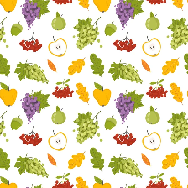 Vector Autumn Seamles Pattern Doodle Style Vegetables Fruits Leaves White — Stock Vector