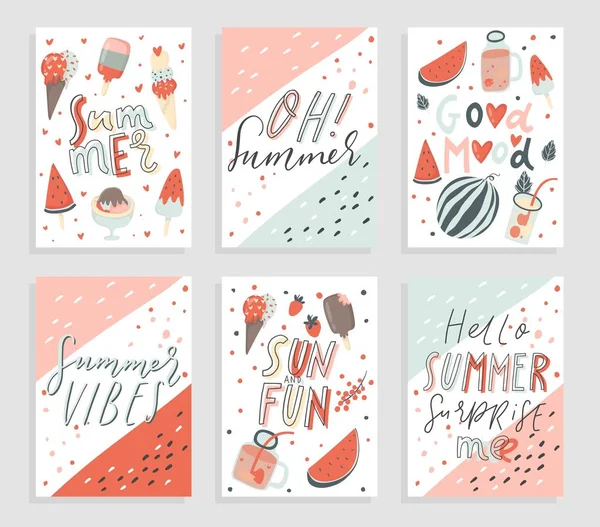 Cartões Verão Coleção Cartazes Elementos Divertidos Letras Desenhadas Mão Venda — Vetor de Stock