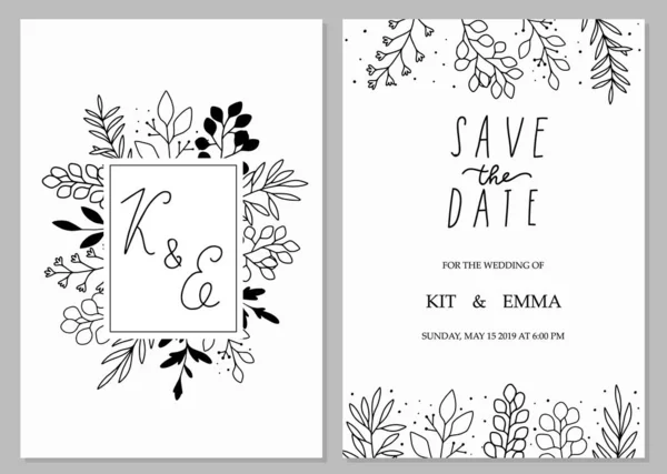 Bruiloft Uitnodiging Sjabloon Concept Floral Opslaan Datum Kaart Ontwerp Zwart — Stockvector