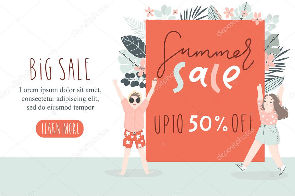 Summer theme sale banner. Vector illustration of resting people and objects issociated with summer holidays and vacation by the sea. Creative banner, landing page, flyer in hand drawn style. 
