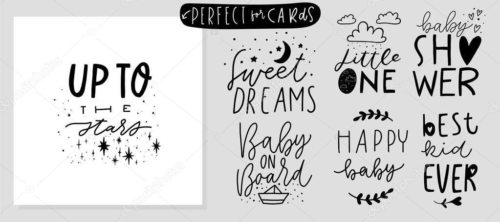 Stylish children phrases hand drawn lettering with cute details and texture set. Black and white quote tattoos, stickers, overlays for nursery room collection. Vector illustrations bundle. 