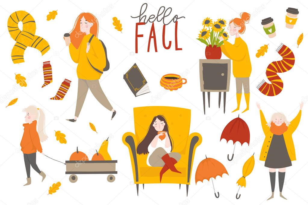 Cozy autumn set with young women or girls. Fall sticker collection. Set of cute autumn cartoon illustrations. Collection of scrapbook elements