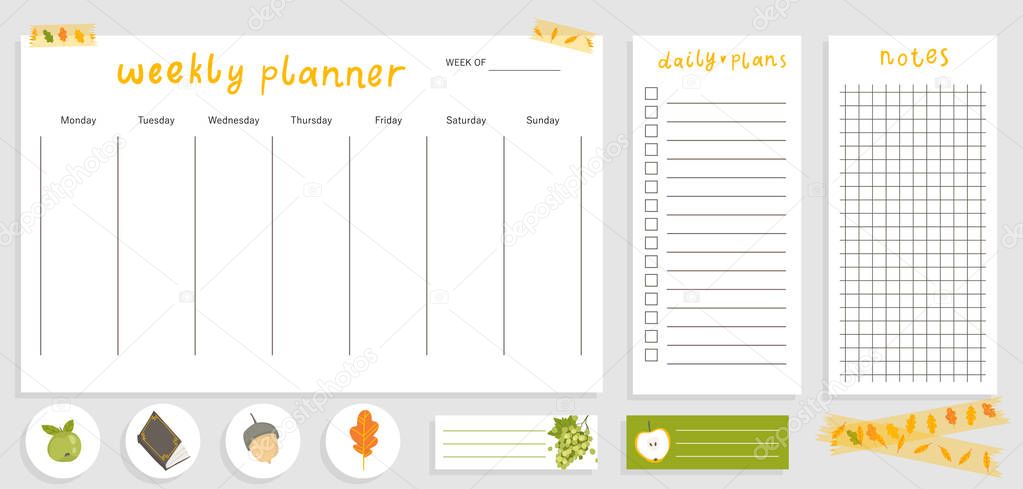 Weekly planner template concept with autumn mood. Isolated organizer and schedule with notes and to do list. 