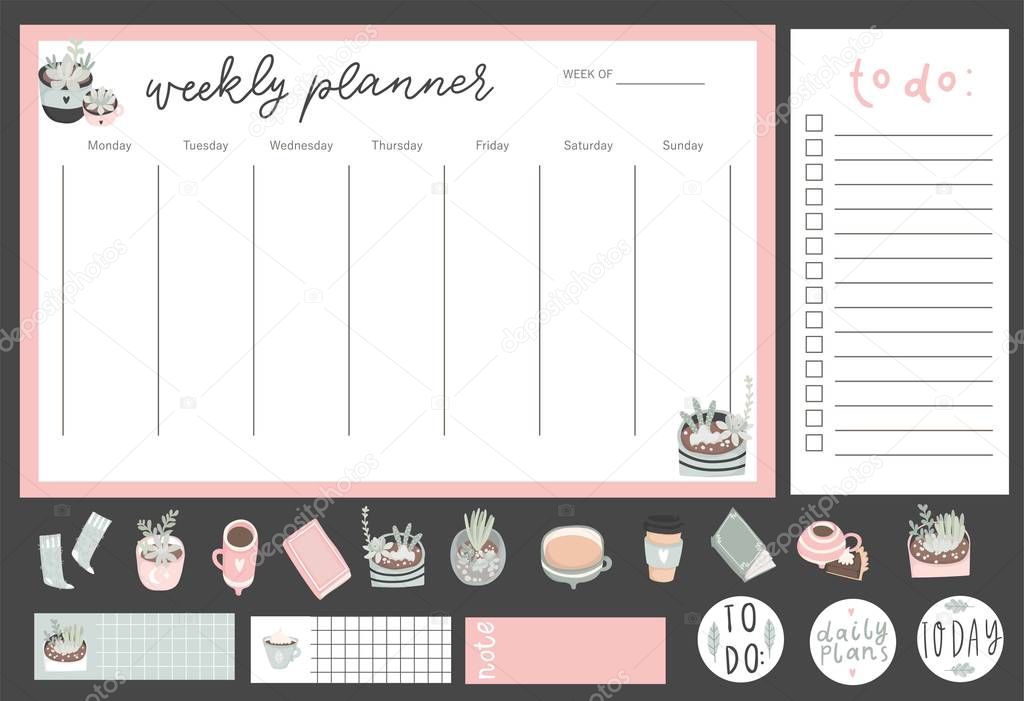 Cute summer notebook design with succulent and cacti. Daily Planner Template. Organizer and Schedule with Notes and To Do List. Vector. Isolated. Trendy Concept. 