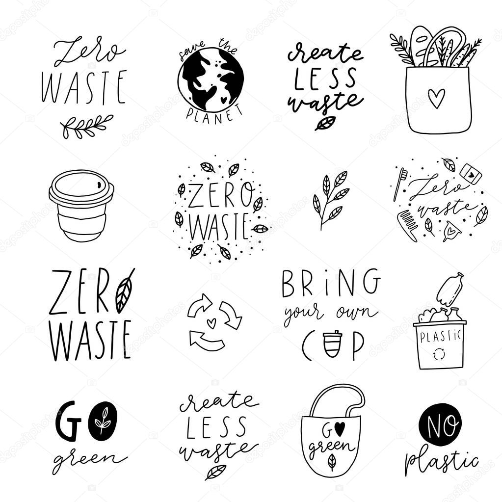 Hand drawn elements of zero waste life in vector. No plastic. Go green 